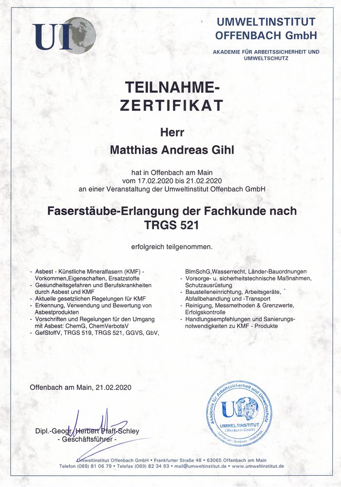 Teilnahmezertifikat Faserstäube TRGS 521 von Matthias Gihl
